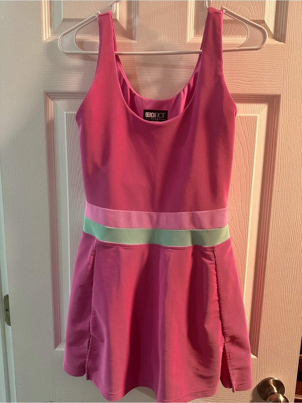 Beach Riot Pink Ribbed Tennis Dress with Pastel Waistband